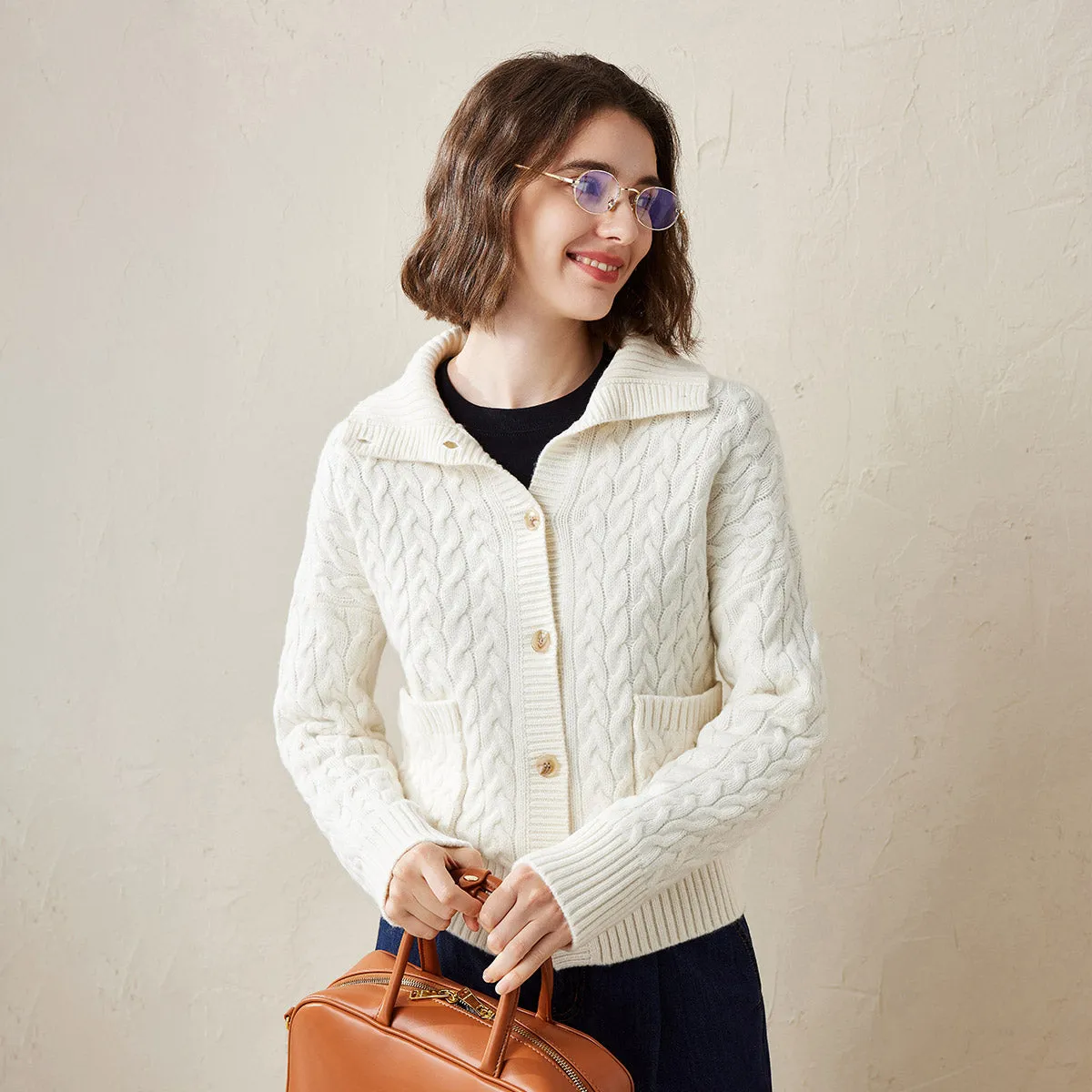 100% Cashmere Women's Cable Knit Pocket Cardigan sold by COMOBOCA product image thumbnail 3