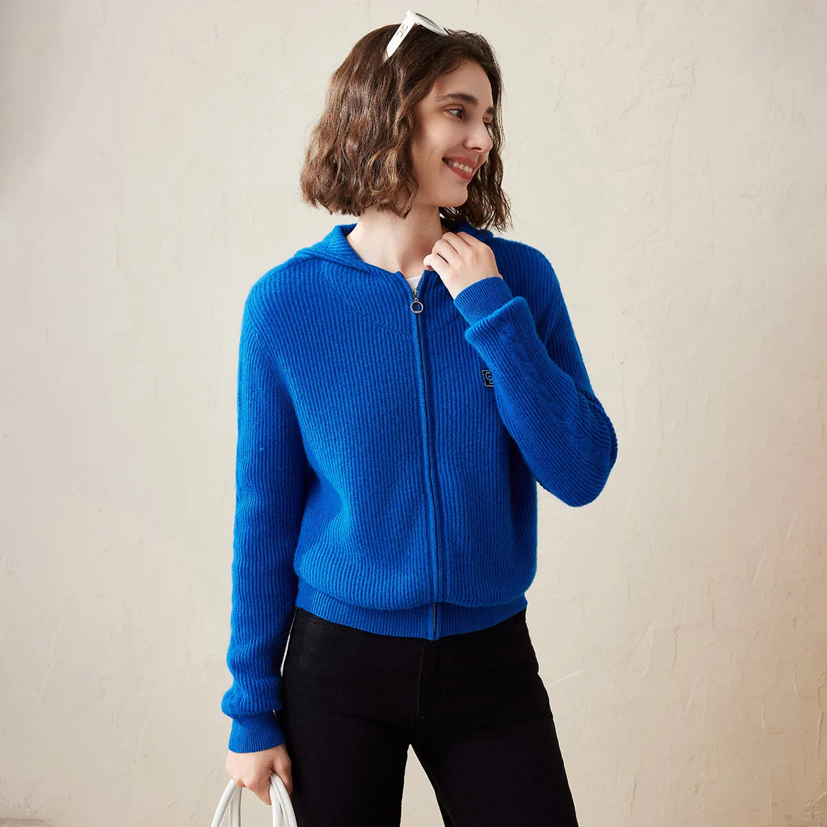 100% Cashmere Women's Ribbed Zip Knit Cardigan Hoodie sold by COMOBOCA product image thumbnail 3