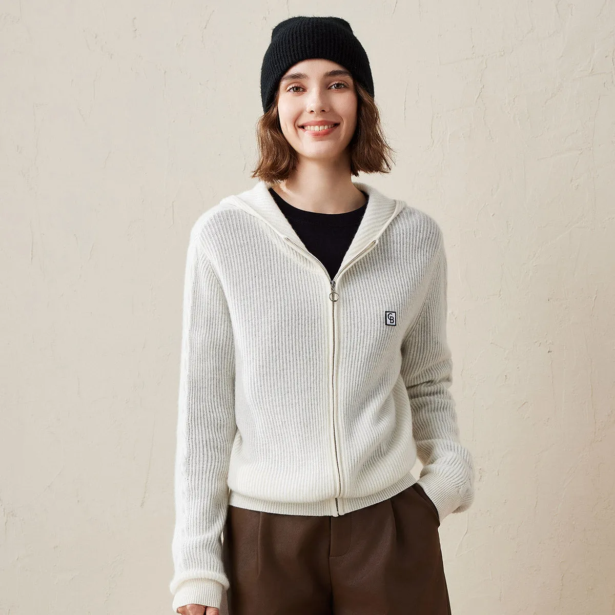 100% Cashmere Women's Ribbed Zip Knit Cardigan Hoodie sold by COMOBOCA product image thumbnail 5