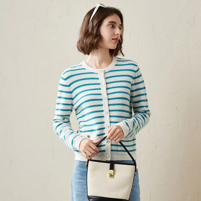 100% Cashmere Striped Button-Up Cardigan sold by COMOBOCA