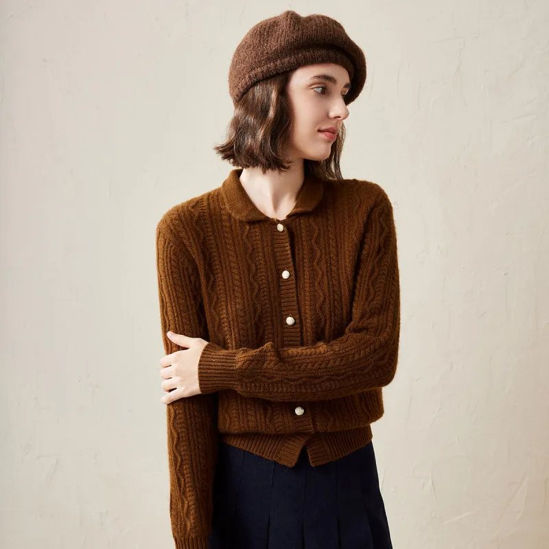 100% Cashmere Cable Knit Cardigan with Pointed Collar sold by COMOBOCA