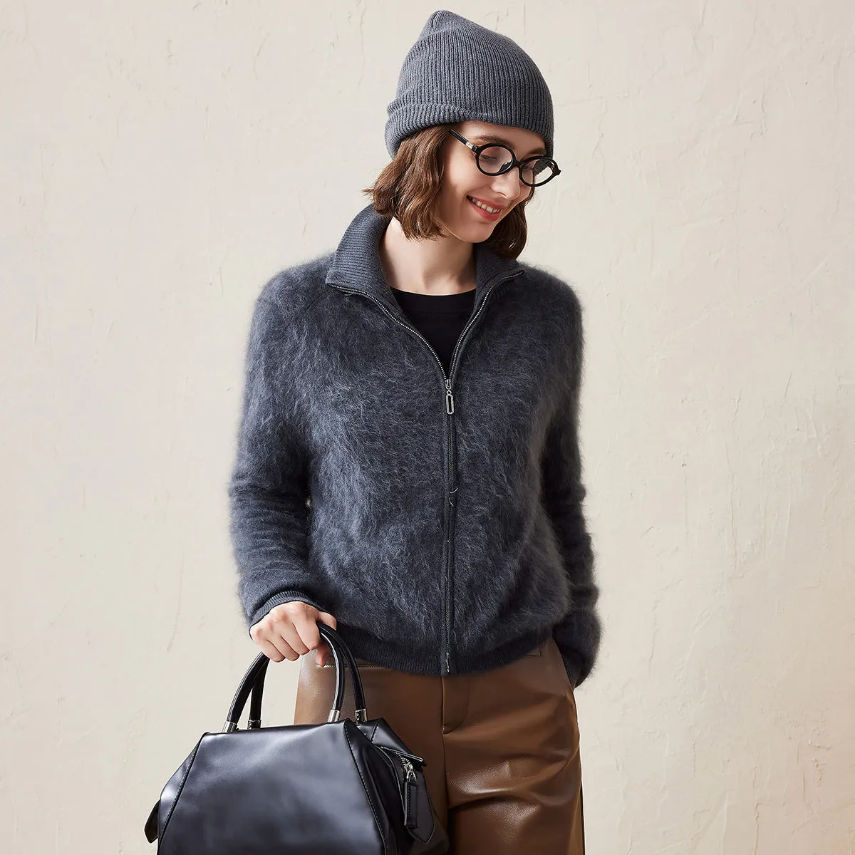 100% Brushed Cashmere Women's Fluffy Zipper Cardigan sold by COMOBOCA product image thumbnail 3