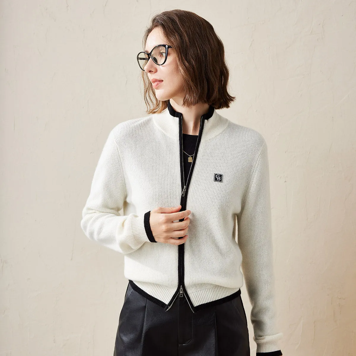 100% Cashmere Double-Head Zipper Cardigan with Contrast Trim sold by COMOBOCA product image thumbnail 3