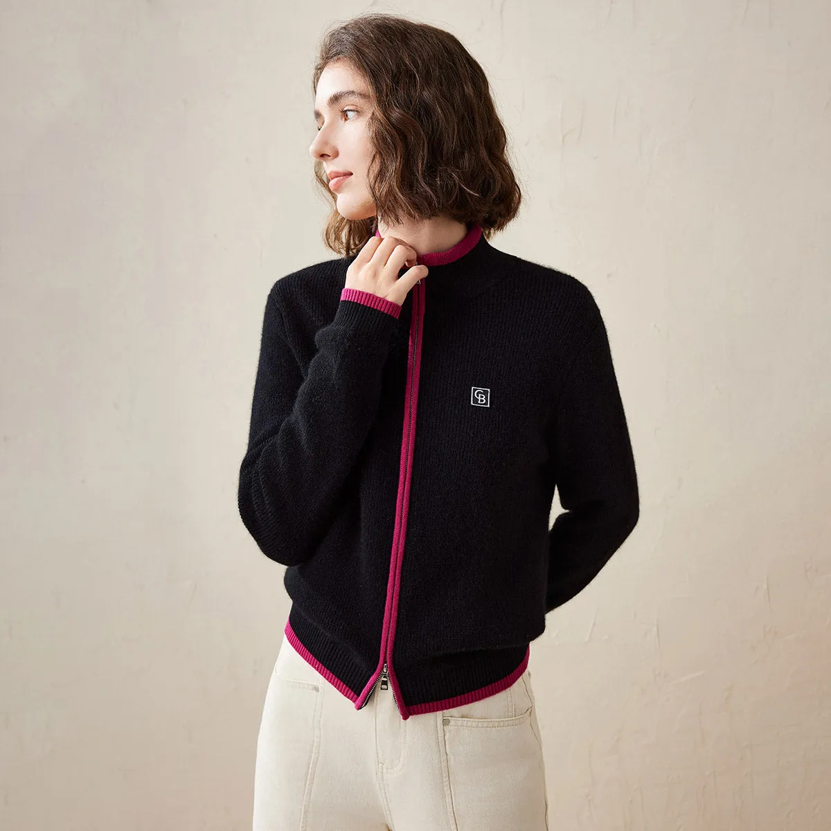 100% Cashmere Double-Head Zipper Cardigan with Contrast Trim sold by COMOBOCA