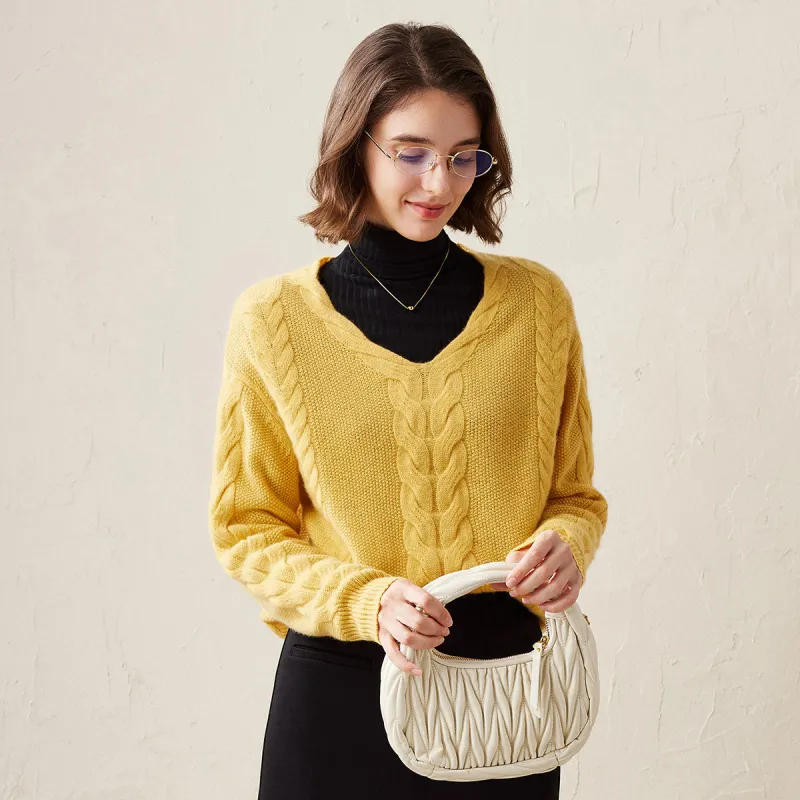 100% Cashmere Women's Cable Knit V-Neck Sweater sold by COMOBOCA