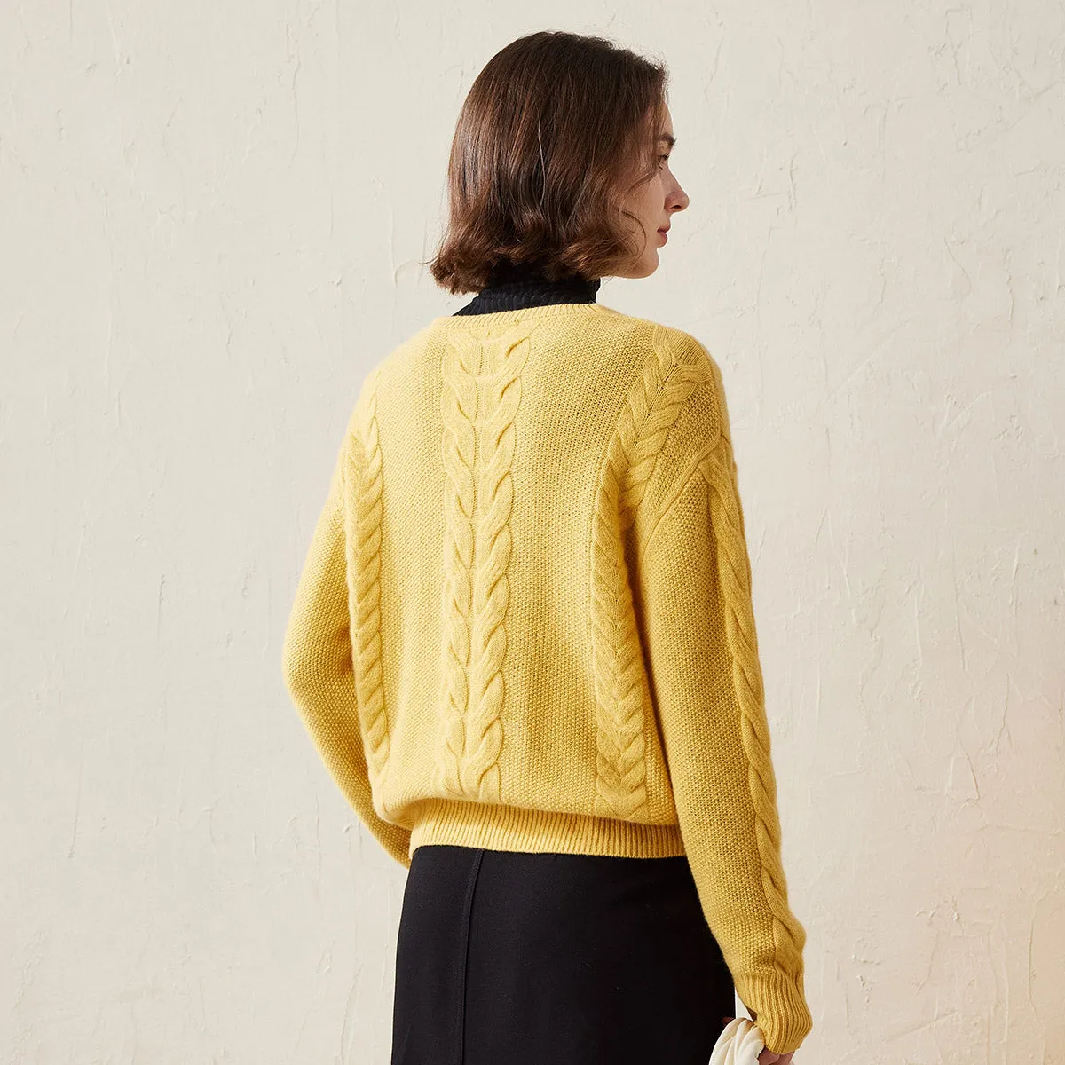 100% Cashmere Women's Cable Knit V-Neck Sweater sold by COMOBOCA product image thumbnail 2