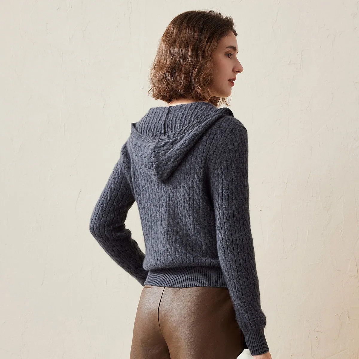 100% Cashmere Women's Cable Knit Hooded Cardigan sold by COMOBOCA product image thumbnail 2