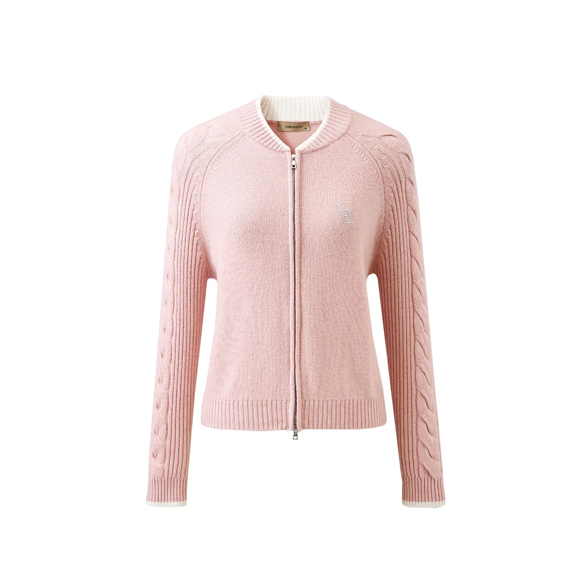 100% Cashmere Cable Dual Zipper Contrasting Trim Knit Cardigan sold by COMOBOCA product image thumbnail 5