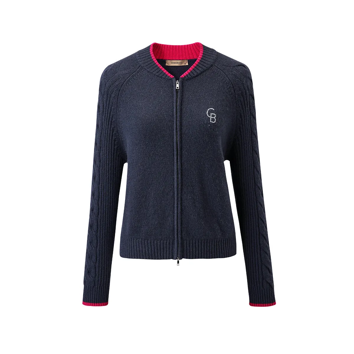 100% Cashmere Cable Dual Zipper Contrasting Trim Knit Cardigan sold by COMOBOCA product image thumbnail 3