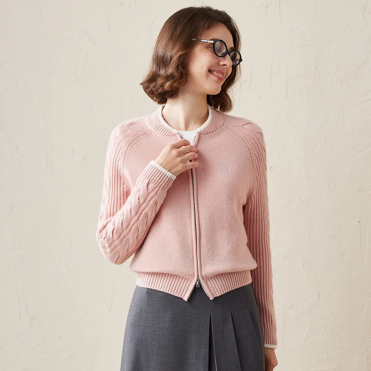 100% Cashmere Cable Dual Zipper Contrasting Trim Knit Cardigan sold by COMOBOCA product image thumbnail 4