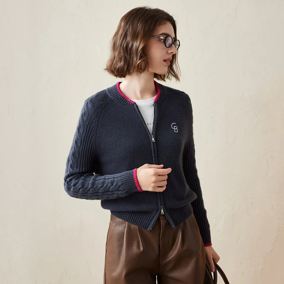 100% Cashmere Cable Dual Zipper Contrasting Trim Knit Cardigan sold by COMOBOCA