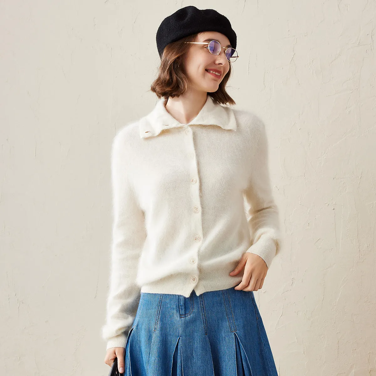 100% Brushed Cashmere Cardigan with Convertible Collar sold by COMOBOCA product image thumbnail 4