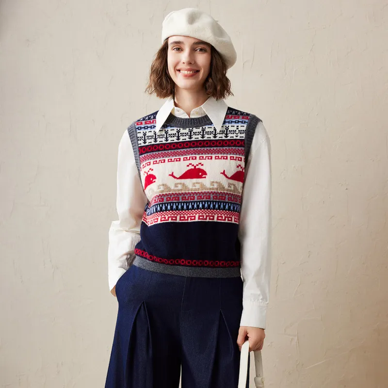 100% Cashmere Vintage Whale Patterned Knit Vest sold by COMOBOCA