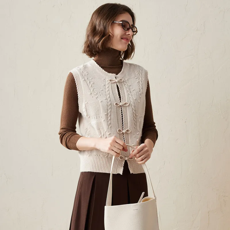 100% Cashmere Women's Bow Detailing Cable Knit Vest sold by COMOBOCA