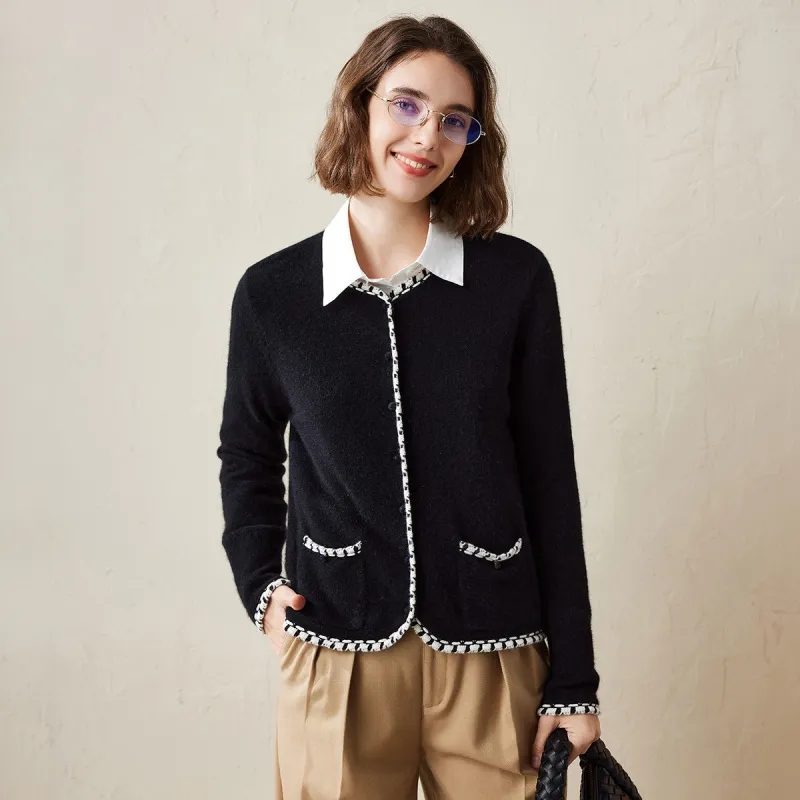 100% Cashmere Women's Cardigan with Contrast Trim sold by COMOBOCA