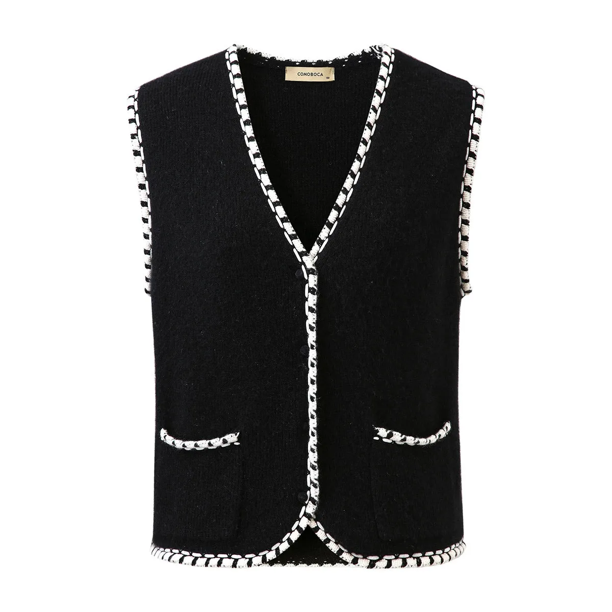 100% Cashmere Knit Front Pockets Vest with Contrast Trim sold by COMOBOCA product image thumbnail 4