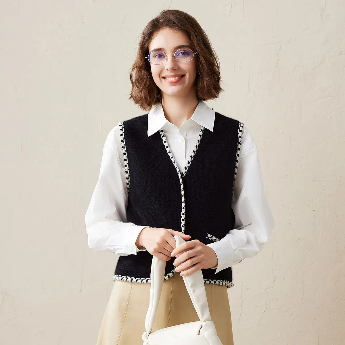 100% Cashmere Knit Front Pockets Vest with Contrast Trim sold by COMOBOCA