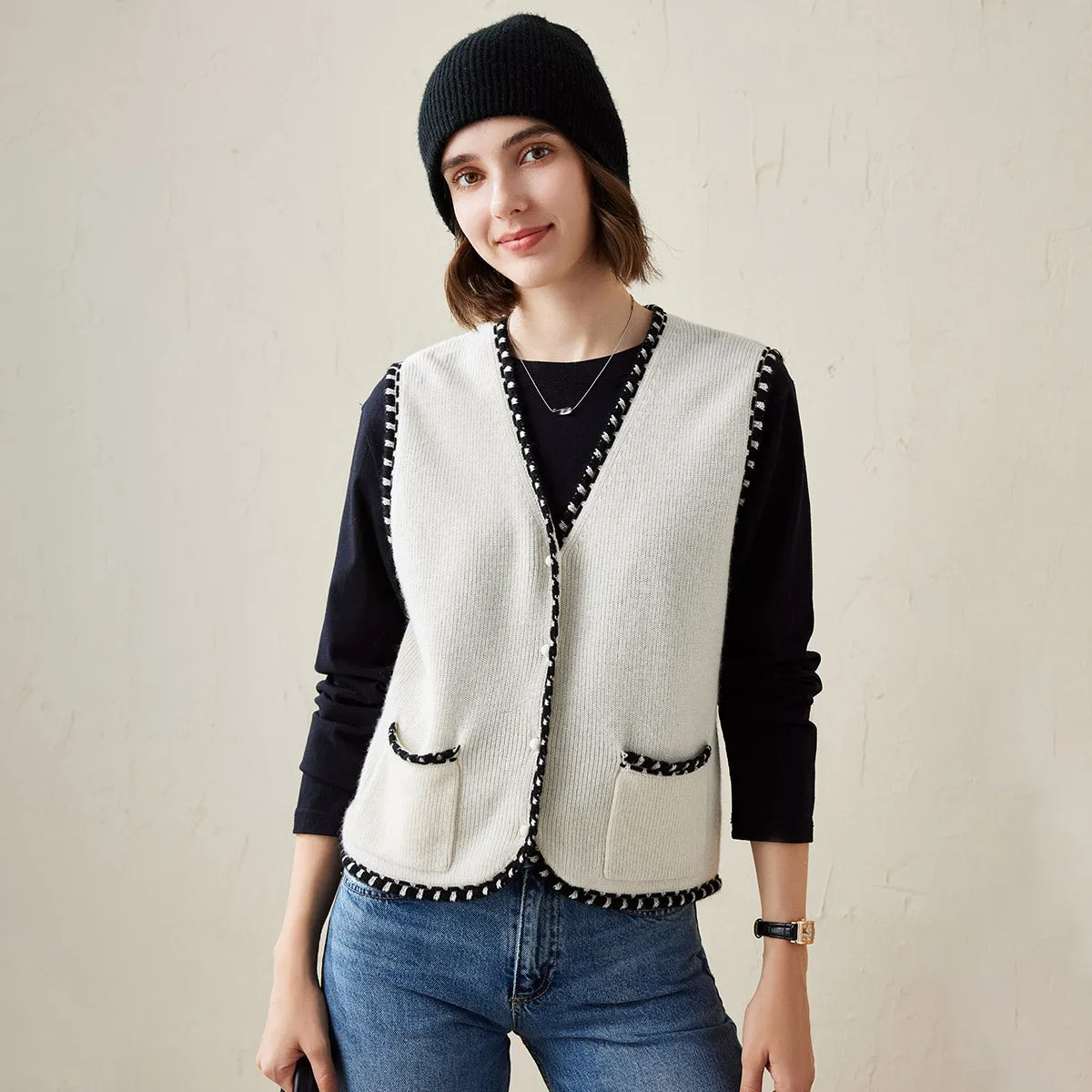 100% Cashmere Knit Front Pockets Vest with Contrast Trim sold by COMOBOCA product image thumbnail 5