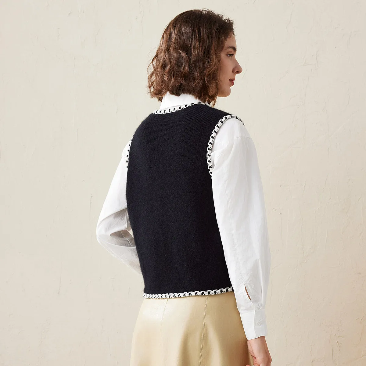 100% Cashmere Knit Front Pockets Vest with Contrast Trim sold by COMOBOCA product image thumbnail 3