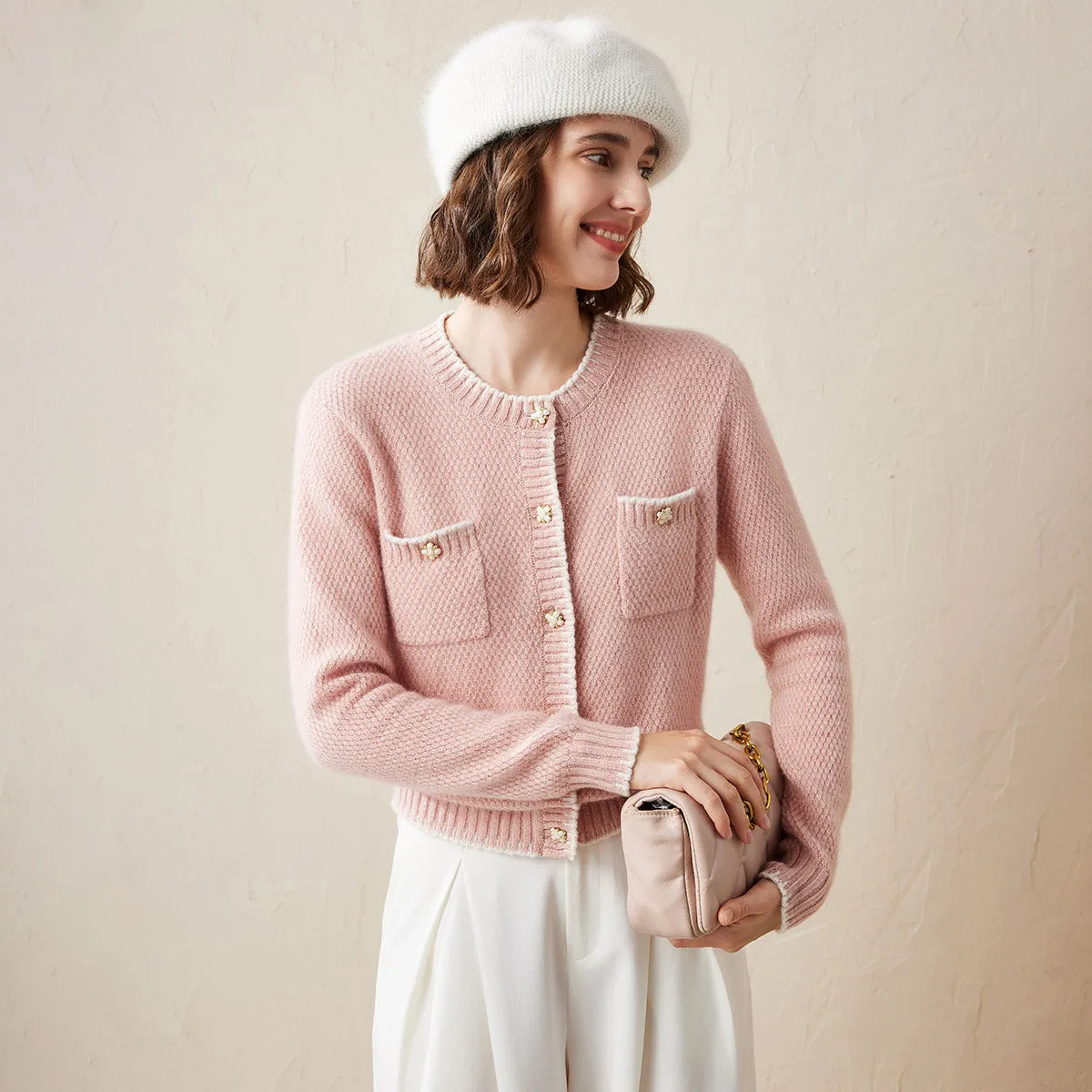 100% Cashmere Tweed-Inspired Cardigan with Pearl Flower Buttons sold by COMOBOCA product image thumbnail 4