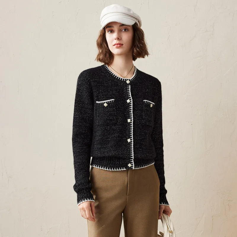 100% Cashmere Tweed-Inspired Cardigan with Pearl Flower Buttons sold by COMOBOCA