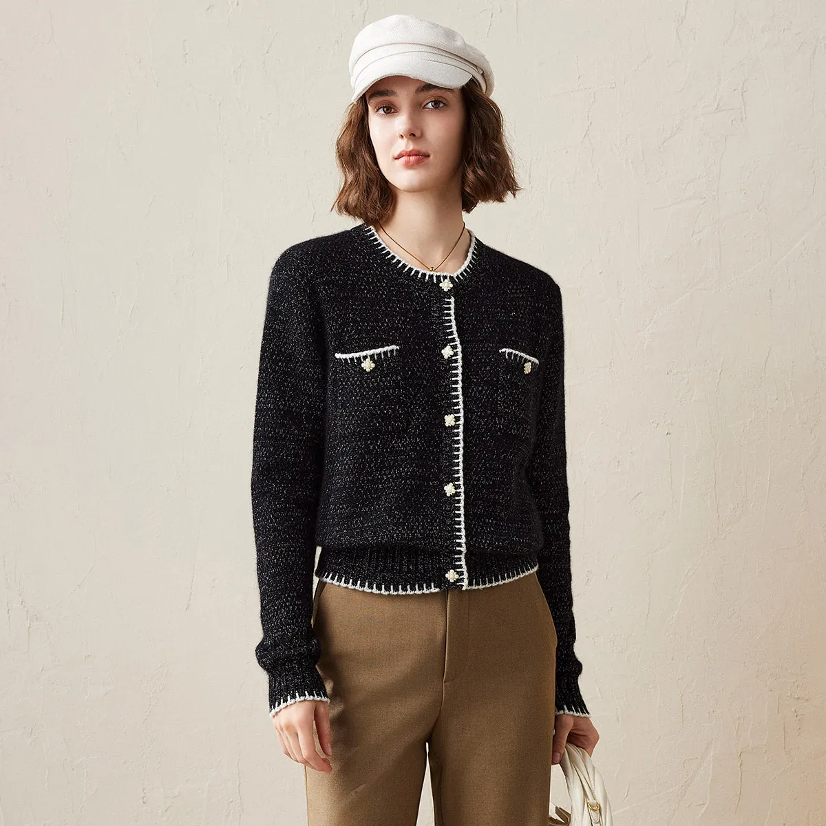 100% Cashmere Tweed-Inspired Cardigan with Pearl Flower Buttons sold by COMOBOCA