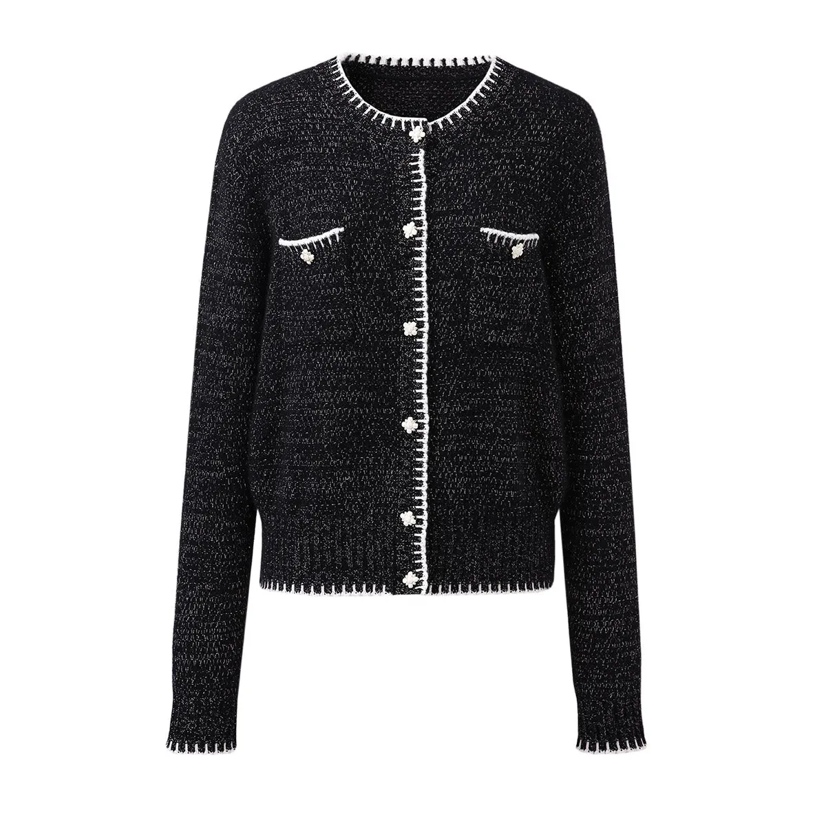 100% Cashmere Tweed-Inspired Cardigan with Pearl Flower Buttons sold by COMOBOCA product image thumbnail 3