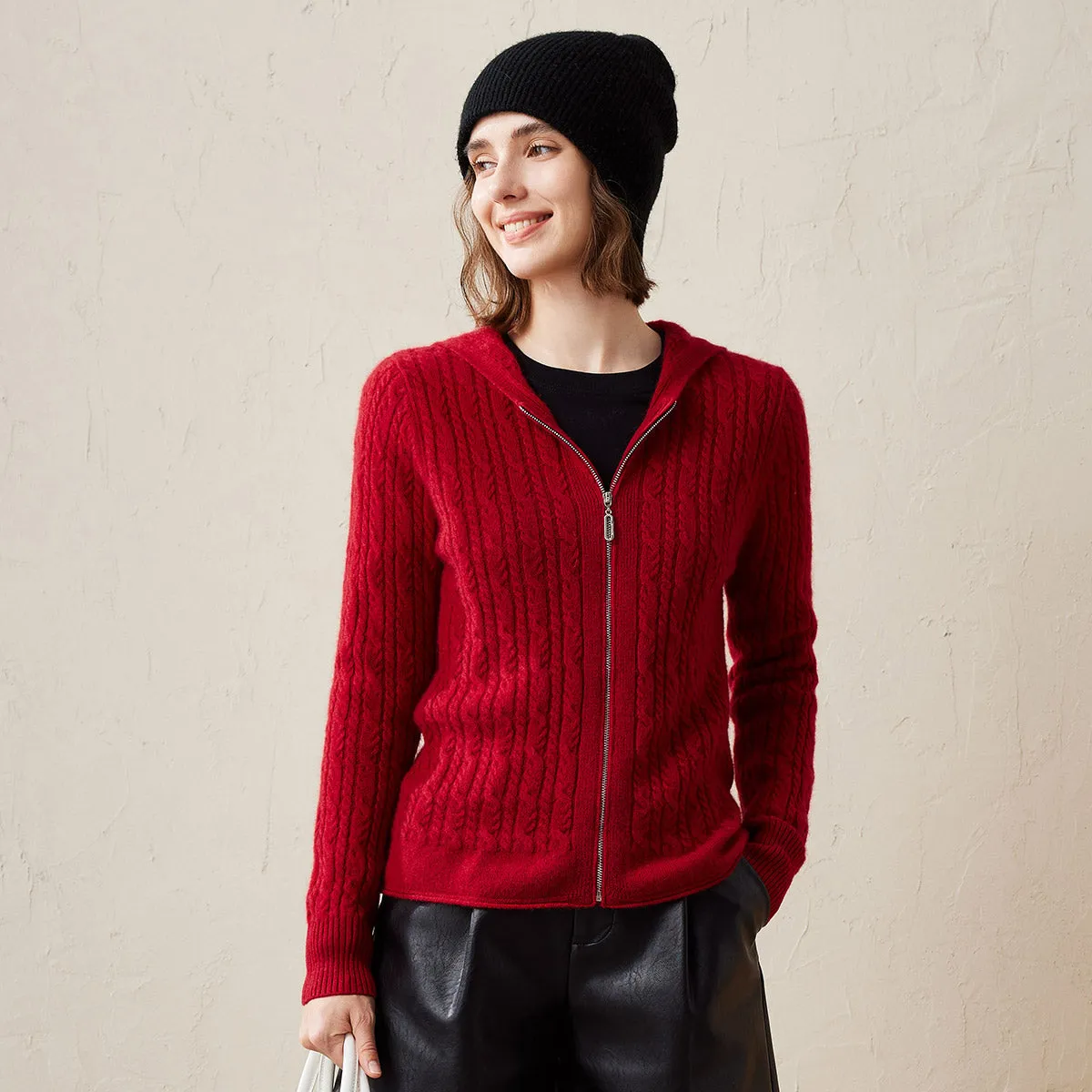 100% Cashmere Women's Cardigan Cable Knit Hoodie sold by COMOBOCA product image thumbnail 3