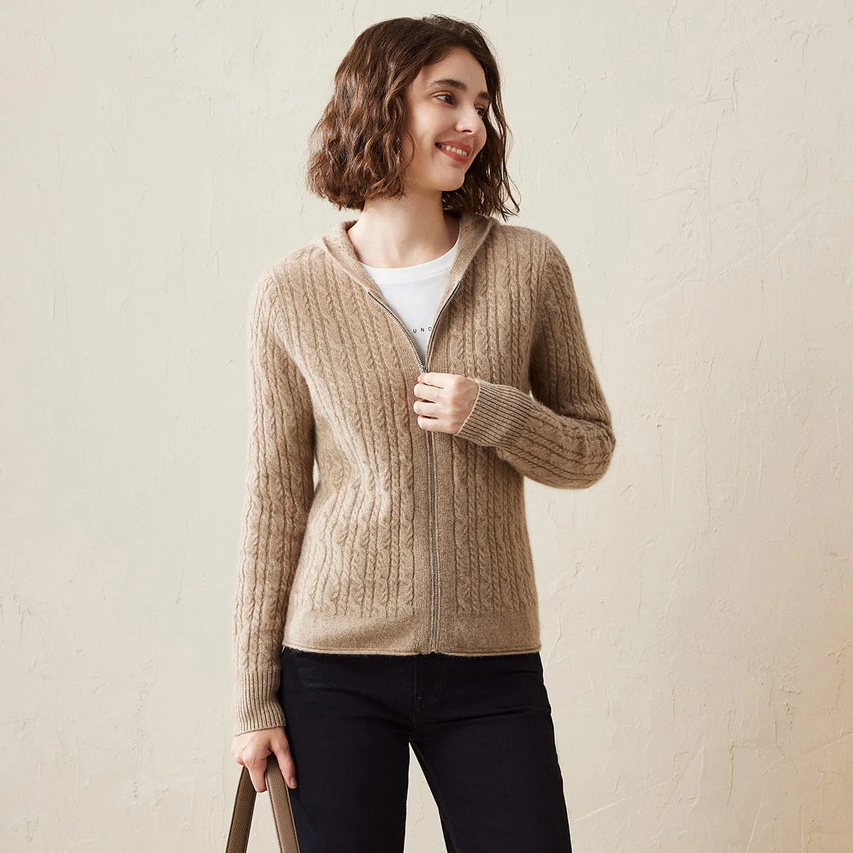 100% Cashmere Women's Cardigan Cable Knit Hoodie sold by COMOBOCA product image thumbnail 5