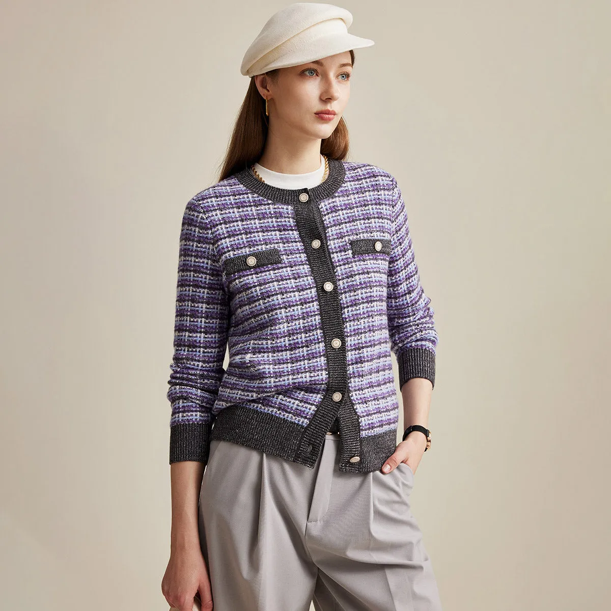 100% Wool Plaid Knit Cardigan with Decorative Pockets sold by COMOBOCA product image thumbnail 2