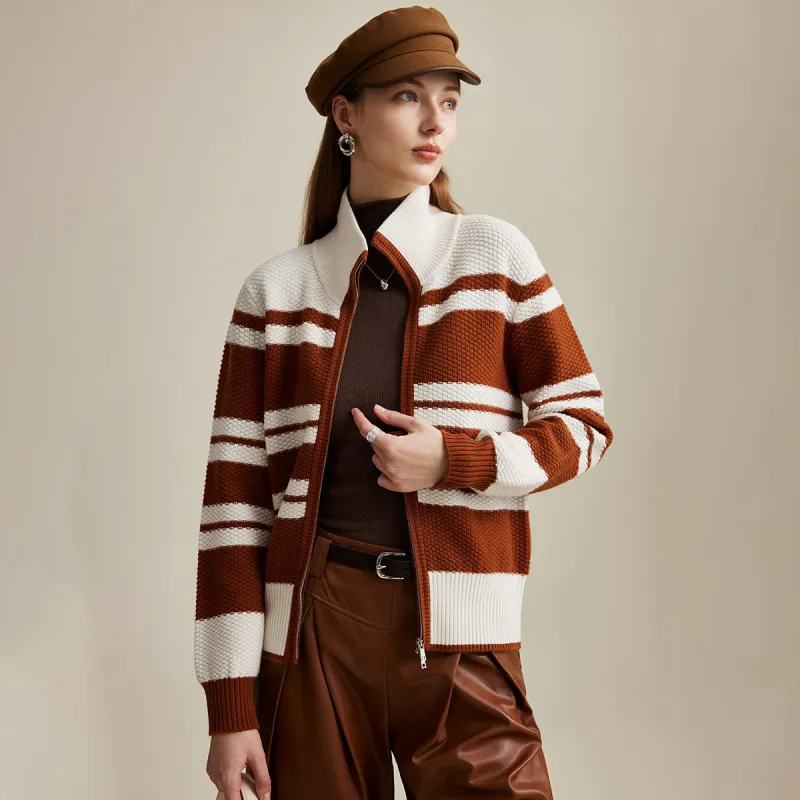 100% Wool Striped Dual Zipper Cardigan sold by COMOBOCA