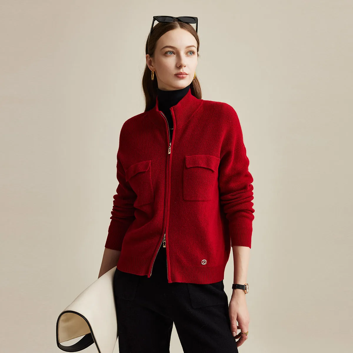 100% Wool Women's Dual Zip Cardigan with Pockets sold by COMOBOCA product image thumbnail 5