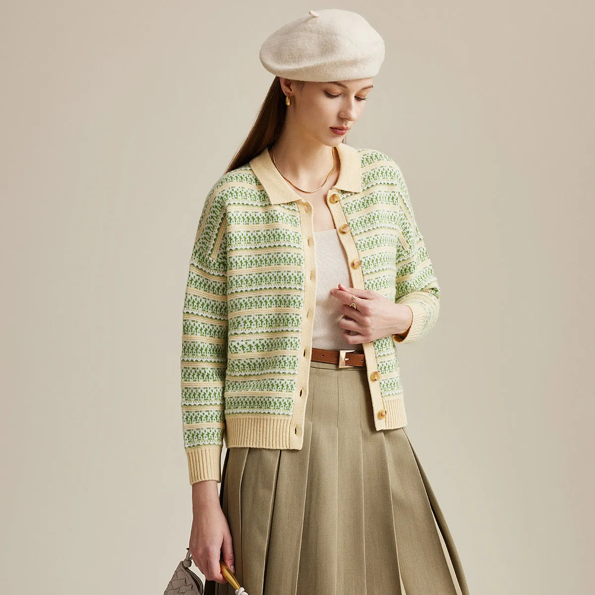 100% Wool Women's Vintage Inspired Striped Knit Cardigan sold by COMOBOCA product image thumbnail 3