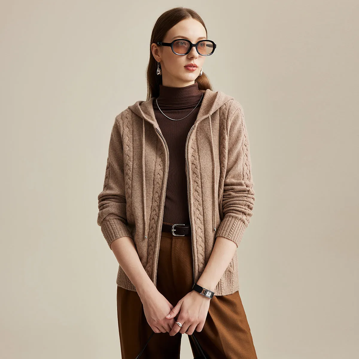 100% Wool Women's Cable Knit Zip Cardigan Hoodie sold by COMOBOCA product image thumbnail 3