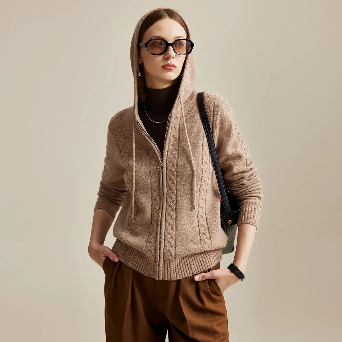 100% Wool Women's Cable Knit Zip Cardigan Hoodie sold by COMOBOCA