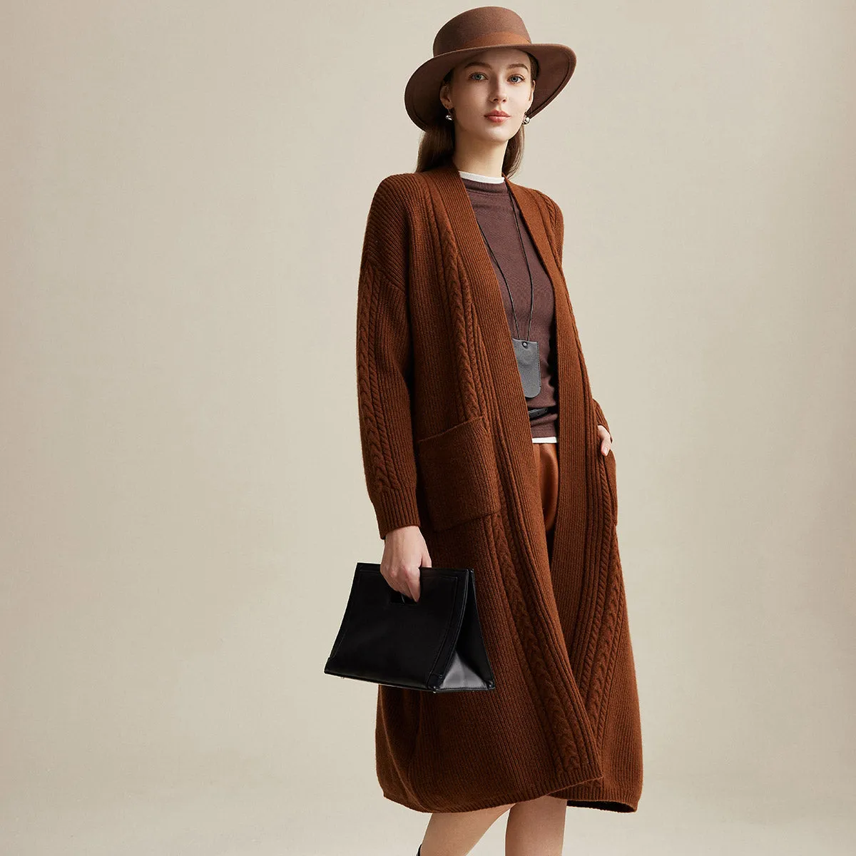 100% Wool Women's Cardigan Long Knit Coats with Pockets sold by COMOBOCA product image thumbnail 3