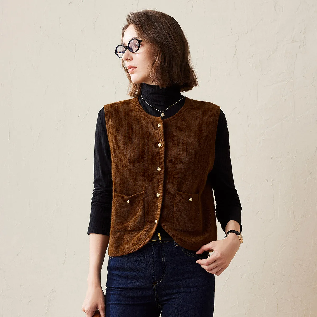 100% Cashmere Women's Button Pocket Knit Vest sold by COMOBOCA