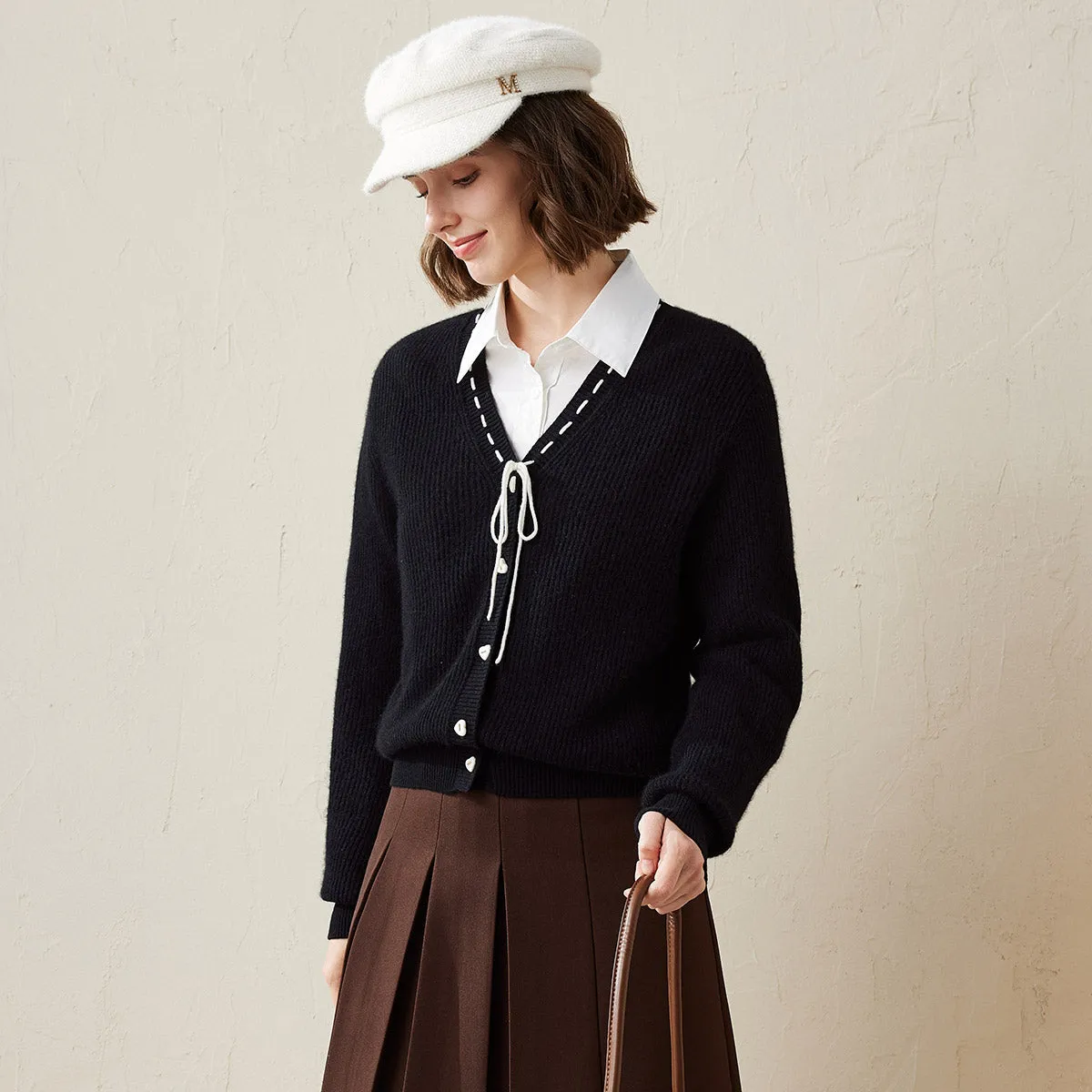 100% Cashmere V-Neck Cardigan with Lace-Up Detail sold by COMOBOCA