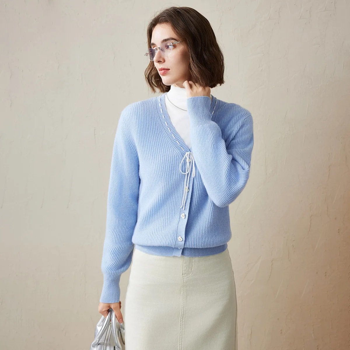 100% Cashmere V-Neck Cardigan with Lace-Up Detail sold by COMOBOCA product image thumbnail 4