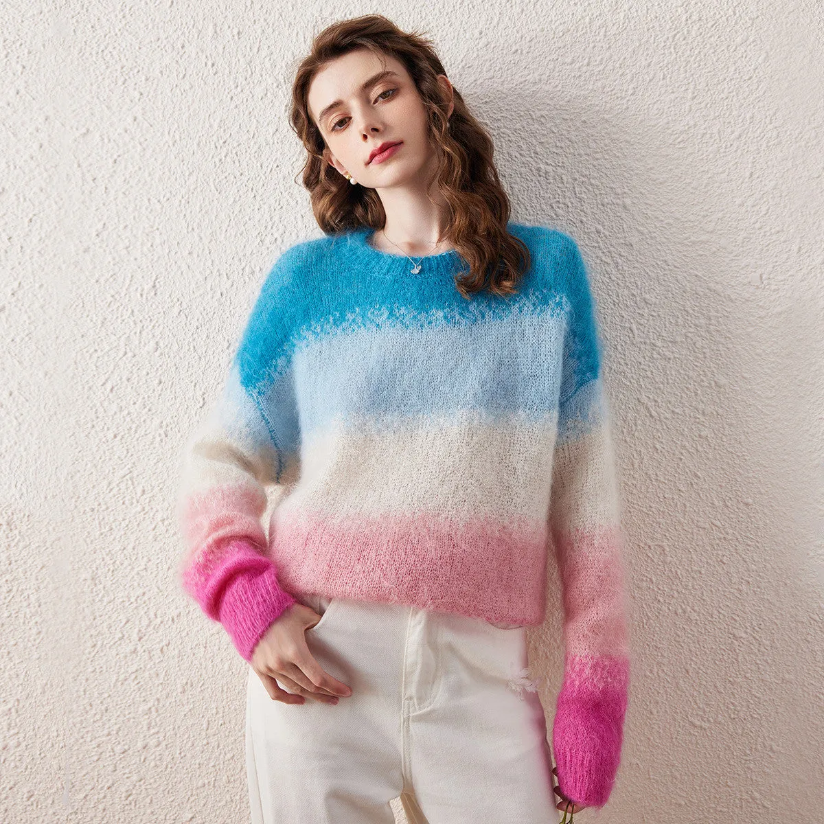 Women's Mohair Gradient Color Block Fluffy Knit Sweater sold by COMOBOCA