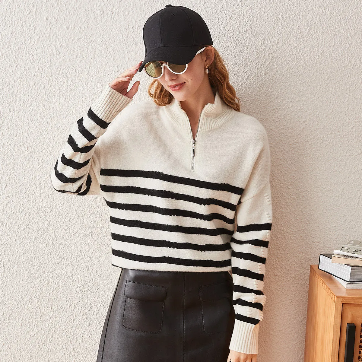 100% Cashmere Women's Striped Half-Zip Knit Sweater sold by COMOBOCA