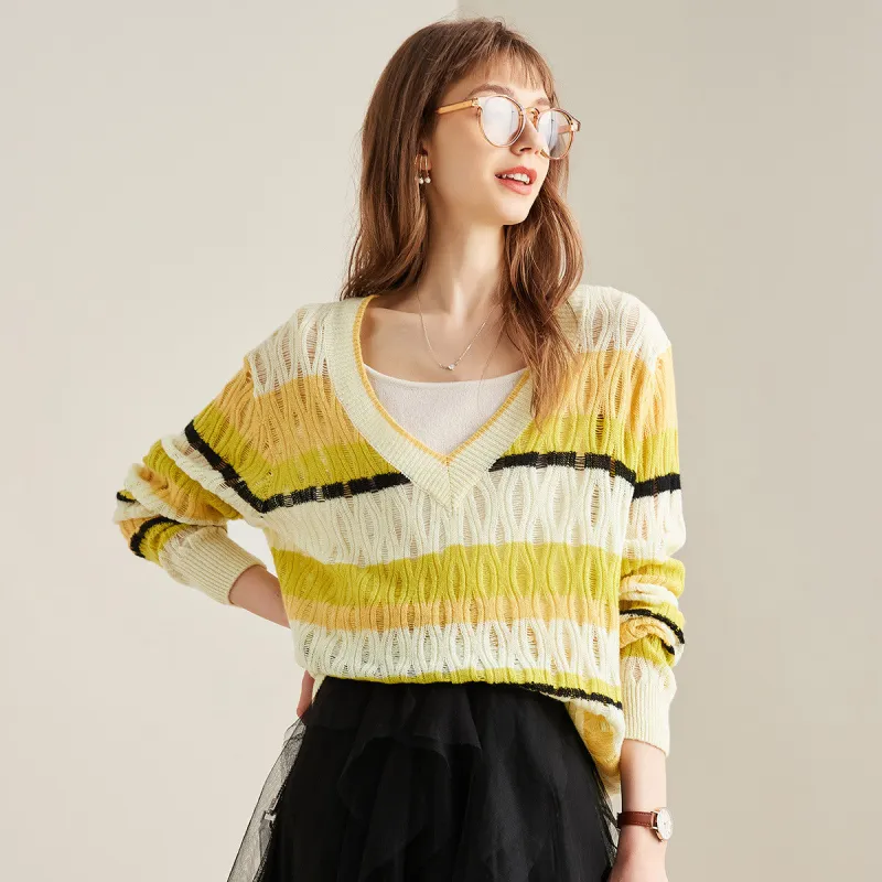 100% Cashmere Women's Striped V-Neck Knit Sweater sold by COMOBOCA