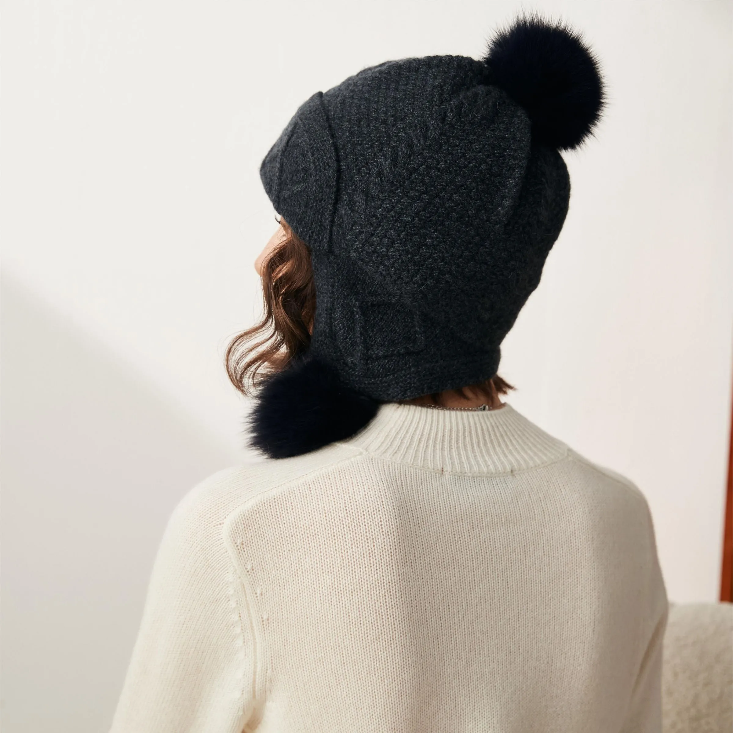 100% Cashmere Knit Pom-Pom Beanie with Ear Flaps sold by COMOBOCA product image thumbnail 3