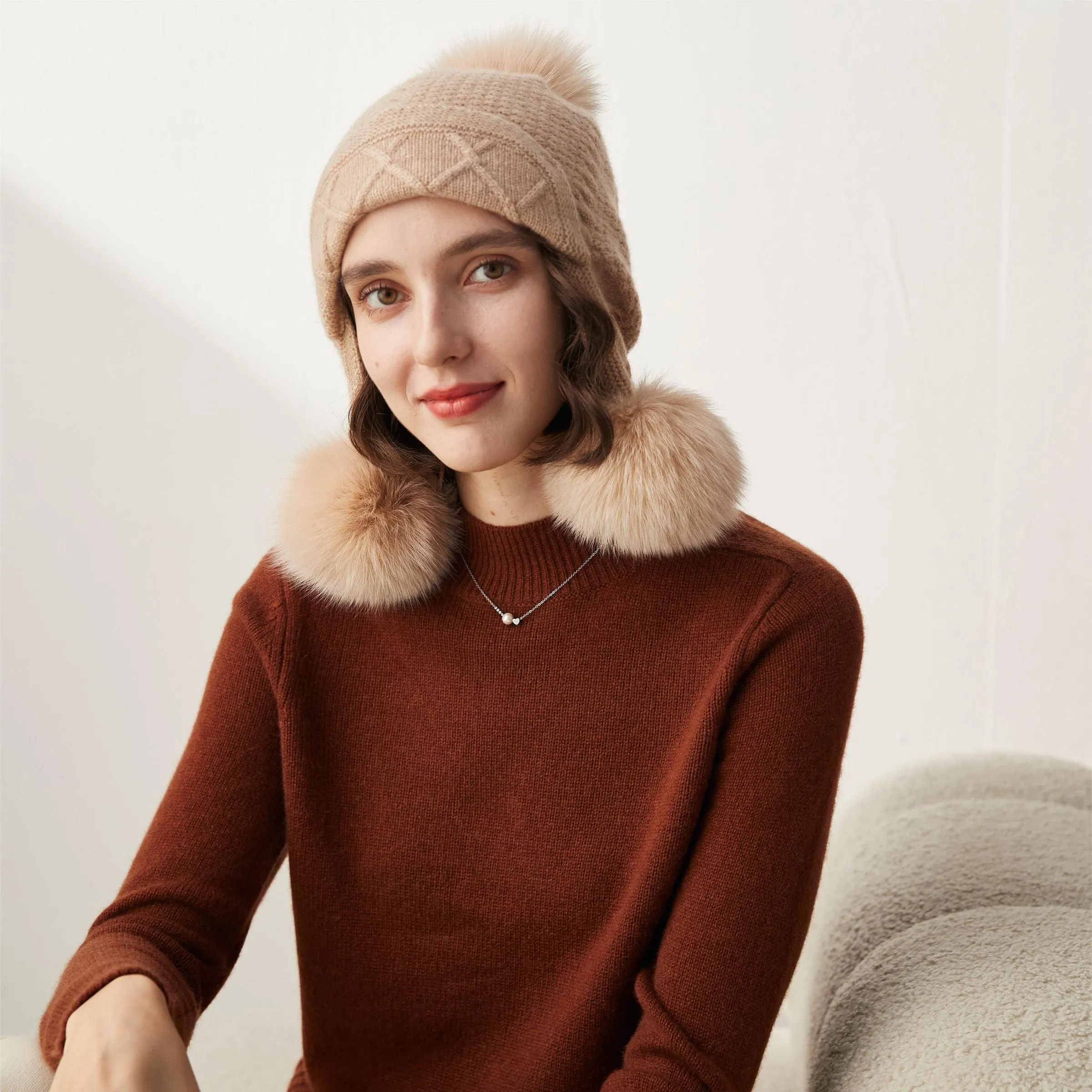 100% Cashmere Knit Pom-Pom Beanie with Ear Flaps sold by COMOBOCA product image thumbnail 4