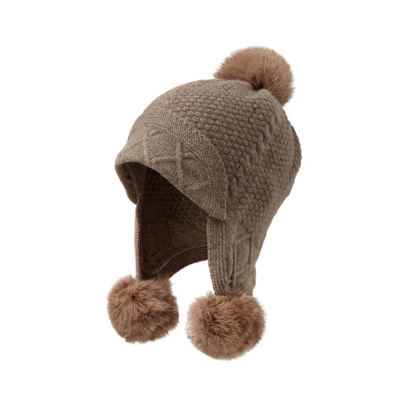 100% Cashmere Knit Pom-Pom Beanie with Ear Flaps sold by COMOBOCA