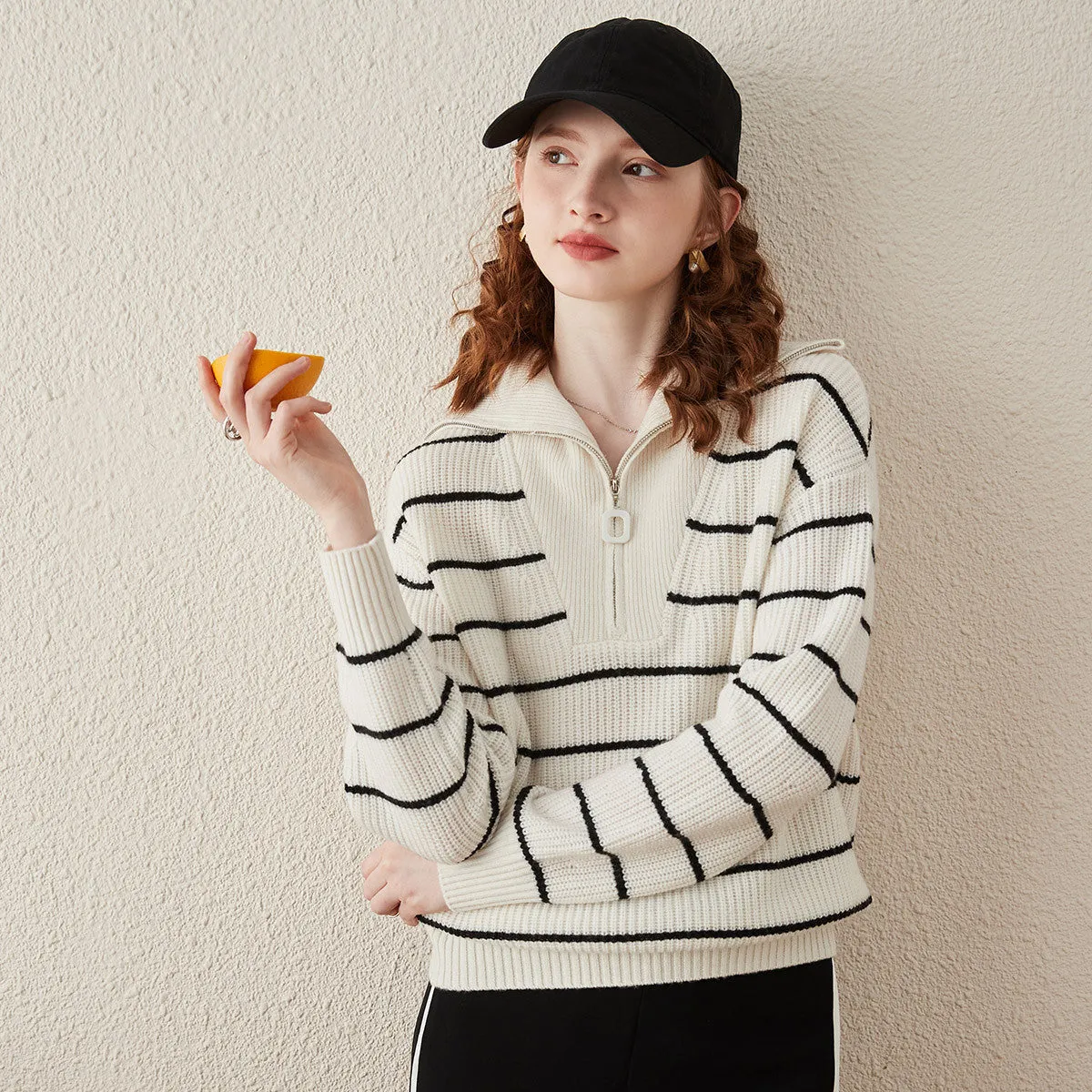 100% Wool Women's Striped Ribbed Half-Zip Sweater sold by COMOBOCA product image thumbnail 4