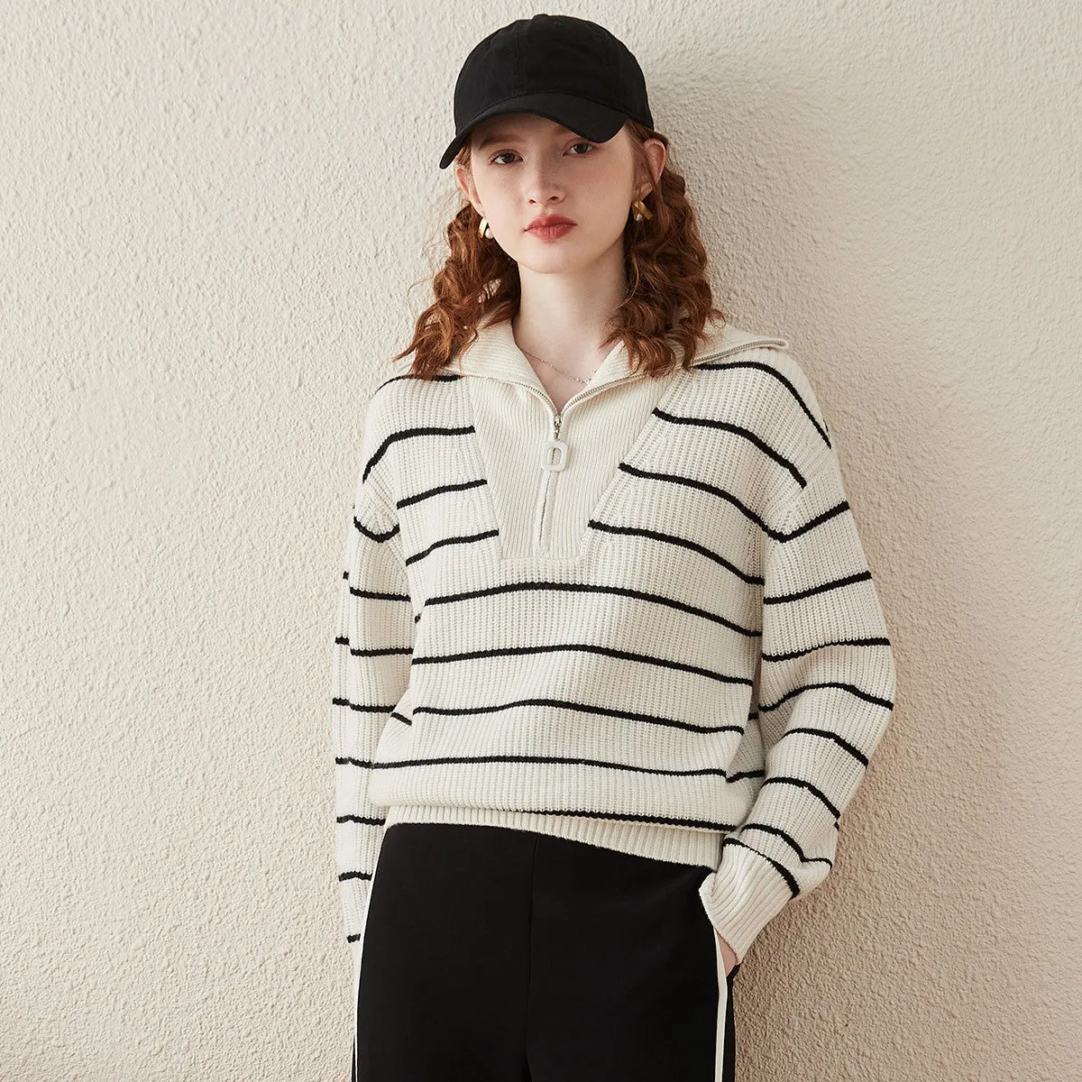 100% Wool Women's Striped Ribbed Half-Zip Sweater sold by COMOBOCA