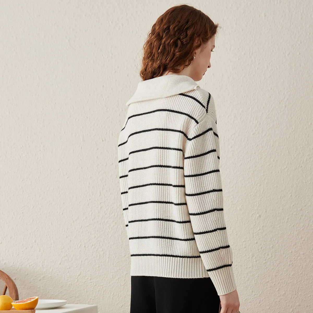 100% Wool Women's Striped Ribbed Half-Zip Sweater sold by COMOBOCA product image thumbnail 2