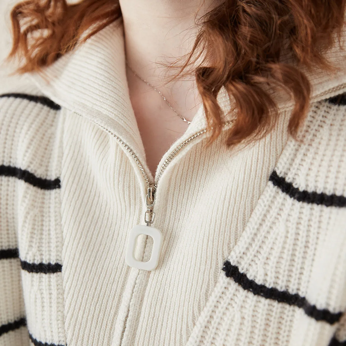 100% Wool Women's Striped Ribbed Half-Zip Sweater sold by COMOBOCA product image thumbnail 5