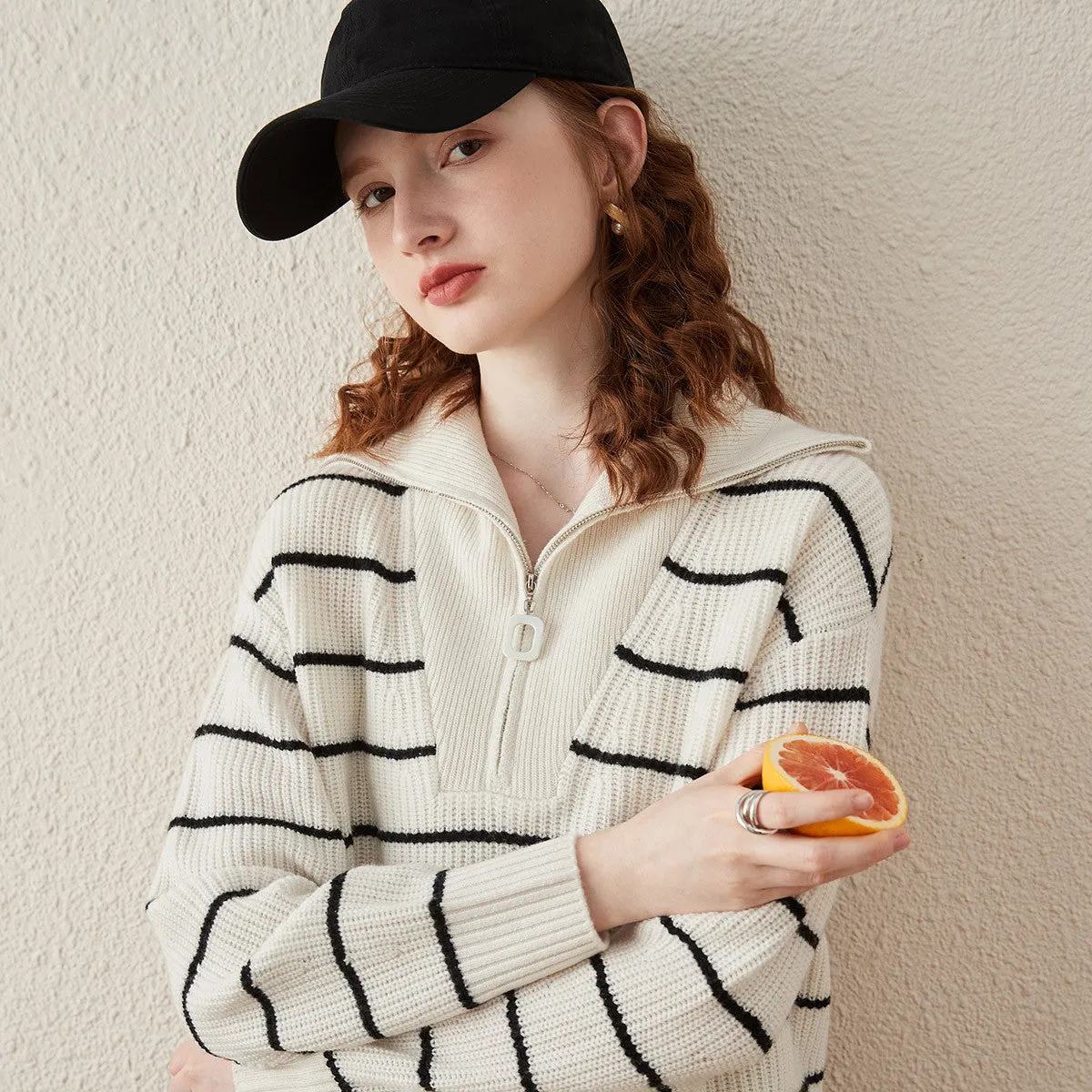 100% Wool Women's Striped Ribbed Half-Zip Sweater sold by COMOBOCA product image thumbnail 3